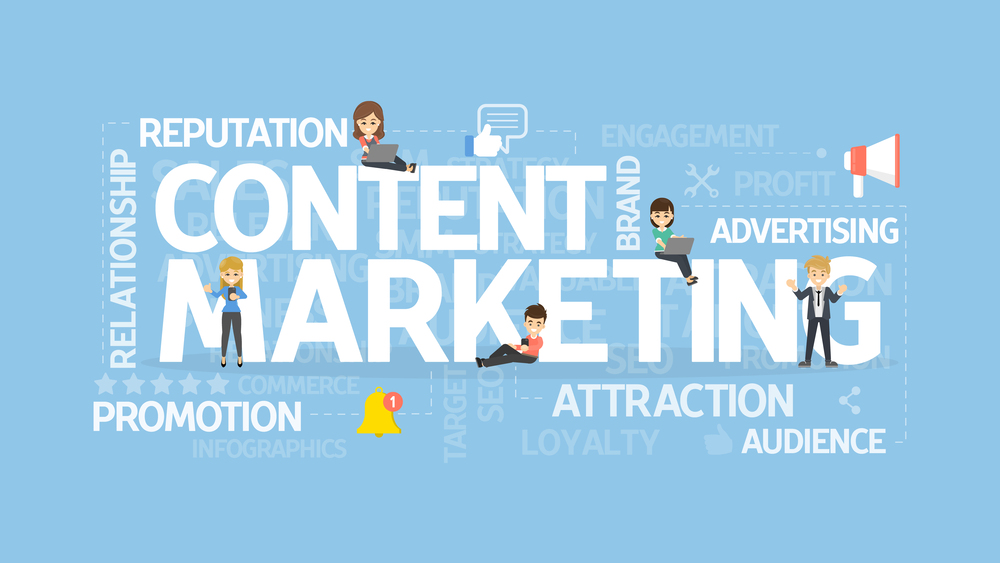 Illustrative infographic of content marketing concepts with animated characters and keywords on a blue background.