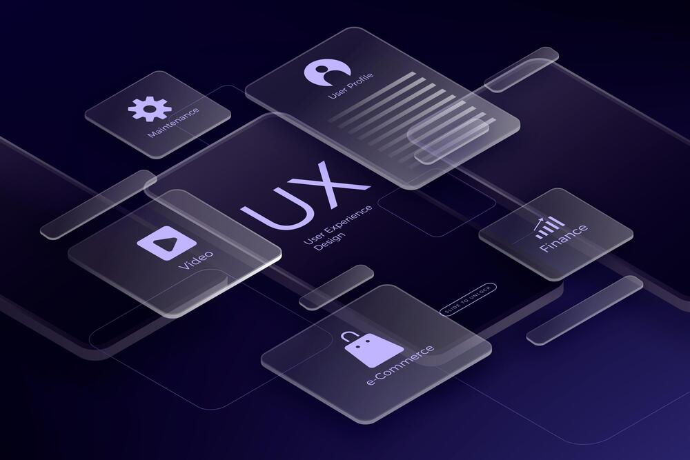 Abstract digital interface depicting UX design elements with icons for video, e-commerce, and finance on a dark background.