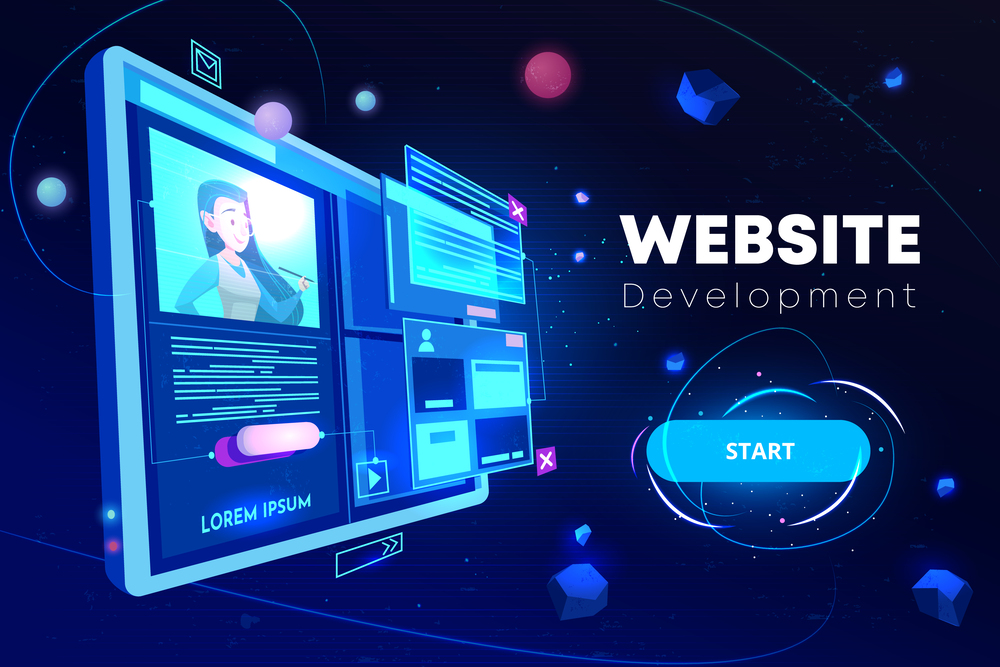 Futuristic website design interface with digital elements and a start button on a dark background.